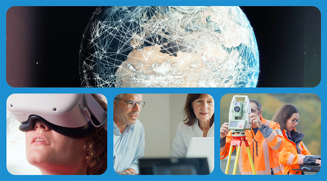 Die Collage aus 4 einzelnen Bildern zeigt eine Frau mit VR-Brille, zwei Menschen die am Computer zusammen arbeiten, zwei Menschen die in orangefarbenen Warnjacken eine Messung machen und die Weltkugel mit einer netzstruktur aus weißen Linien.